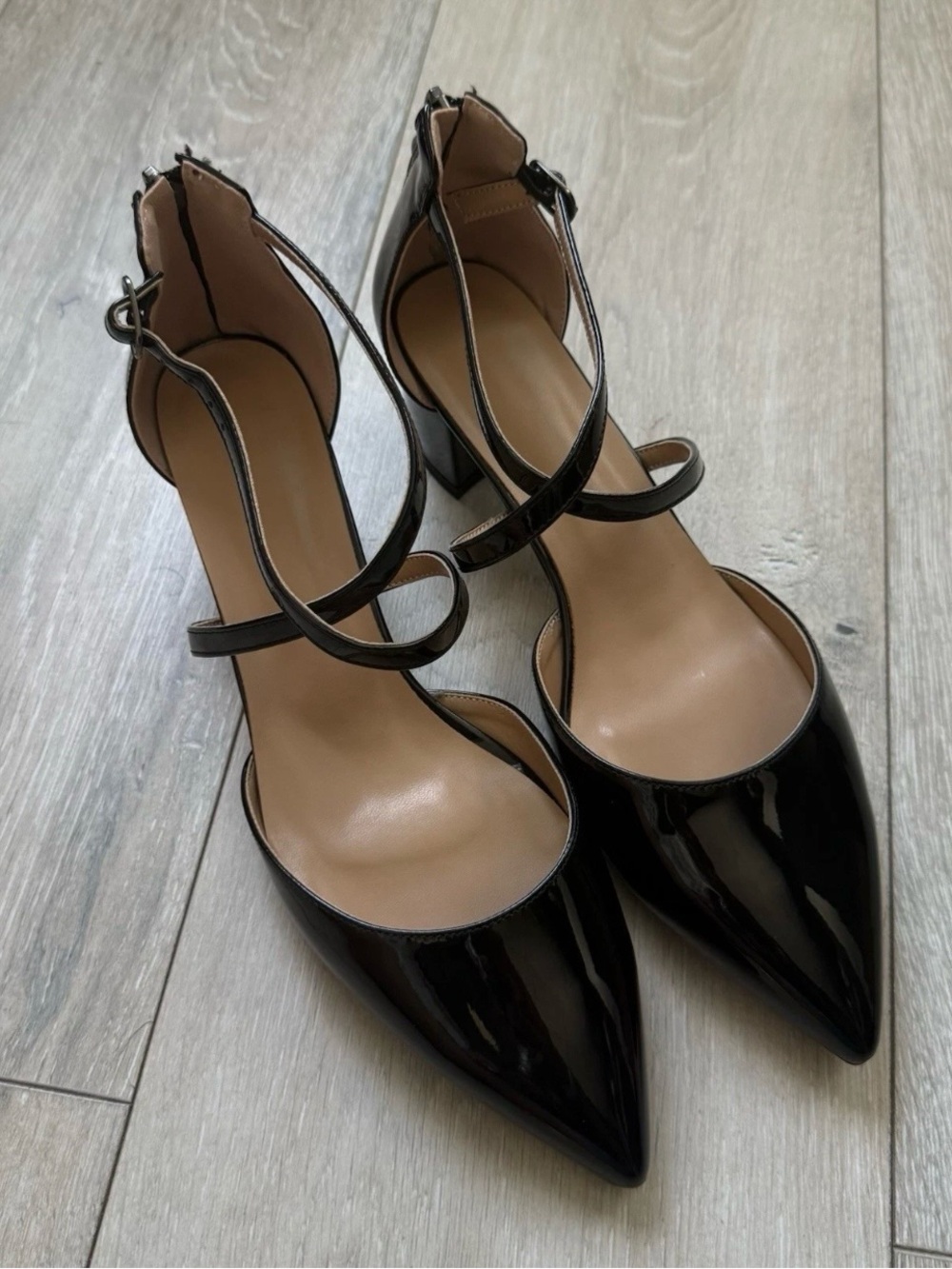 Black Patent Pointed Toe Double Ankle Strap Block Heel size 9.5 NIB